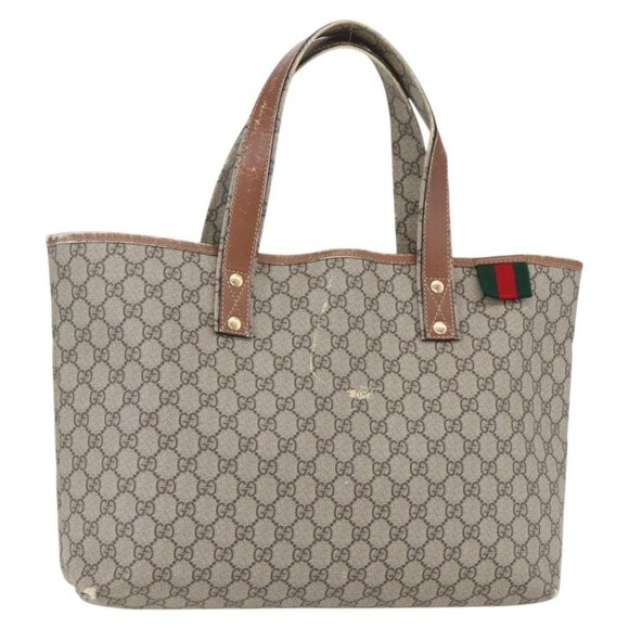 GUCCI GG Supreme Web Sherry Line Tote Bag PVC Beige Red 211134 Auth 153074 - Picture 2 of 16